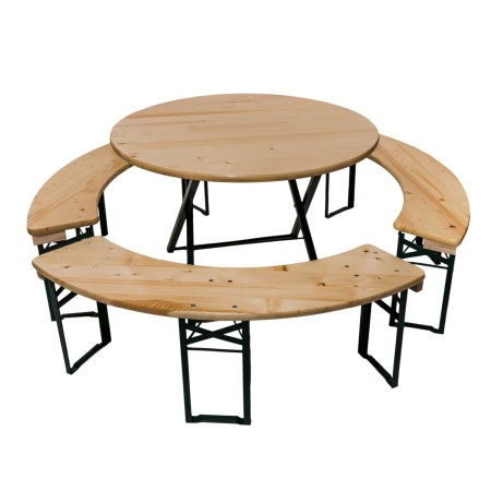 Gartensets - ARTHUR Gartenset aus massivem Kiefernholz Ø110x72 cm für Garten oder Terrasse Ein Tisch und drei Bänke Naturfarbe