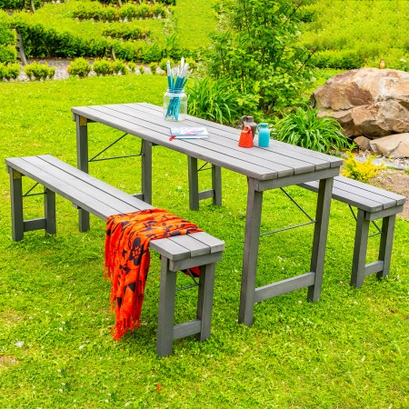 Bierzeltgarnitur KLAPPBAR, Masse 160x50 cm, aus Nadelholz Massiv für Terrasse, Garten, 1 Tisch und 2 Bänke, Farbe Grau [3]