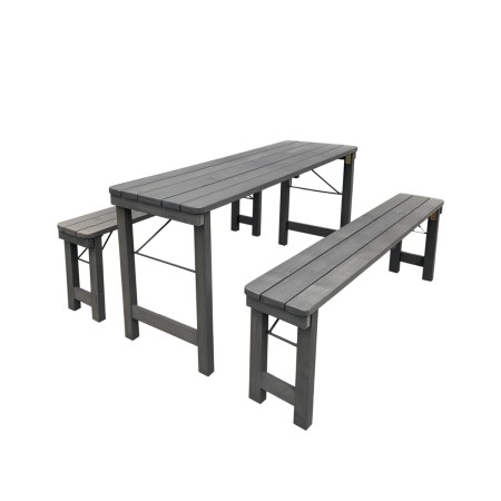 Gartensets - Bierzeltgarnitur KLAPPBAR, Masse 160x50 cm, aus Nadelholz Massiv für Terrasse, Garten, 1 Tisch und 2 Bänke, Farbe Grau