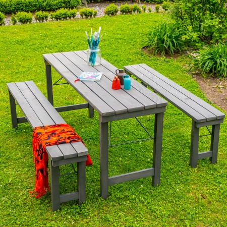 Bierzeltgarnitur KLAPPBAR, Masse 160x50 cm, aus Nadelholz Massiv für Terrasse, Garten, 1 Tisch und 2 Bänke, Farbe Grau [2]
