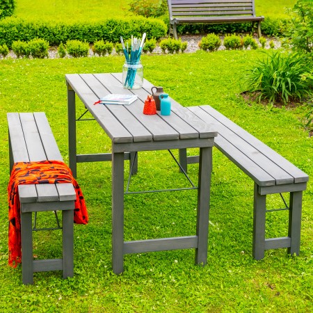 Bierzeltgarnitur KLAPPBAR, Masse 160x50 cm, aus Nadelholz Massiv für Terrasse, Garten, 1 Tisch und 2 Bänke, Farbe Grau [1]