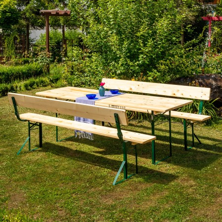 Set berarie STANDARD cu spatar din lemn masiv de rasinos 220 cm pentru terasa sau gradina o masa si doua banci cu spatar culoare natur [2]