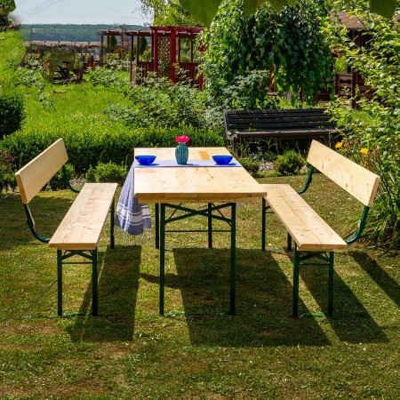 Set berarie STANDARD cu spatar din lemn masiv de rasinos 220 cm pentru terasa sau gradina o masa si doua banci cu spatar culoare natur [4]