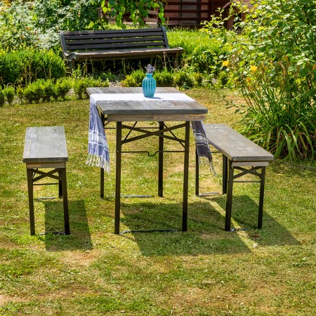 Bierzeltgarnitur TRAVEL, Masse 110 cm, aus Nadelholz Massiv für Terrasse, Garten, 1 Tisch und 2 Bänke, Farbe Grau [3]