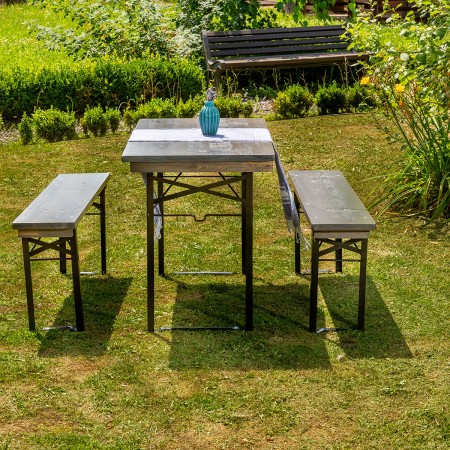 Bierzeltgarnitur TRAVEL, Masse 110 cm, aus Nadelholz Massiv für Terrasse, Garten, 1 Tisch und 2 Bänke, Farbe Grau [4]