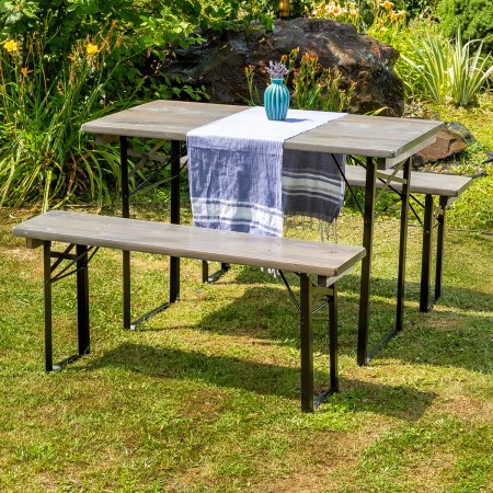 Bierzeltgarnitur TRAVEL, Masse 110 cm, aus Nadelholz Massiv für Terrasse, Garten, 1 Tisch und 2 Bänke, Farbe Grau [1]