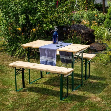 Set berarie TRAVEL din lemn masiv de rasinos 110 cm x 50 cm pentru gradina sau terasa o masa si doua banci culoare natur [1]