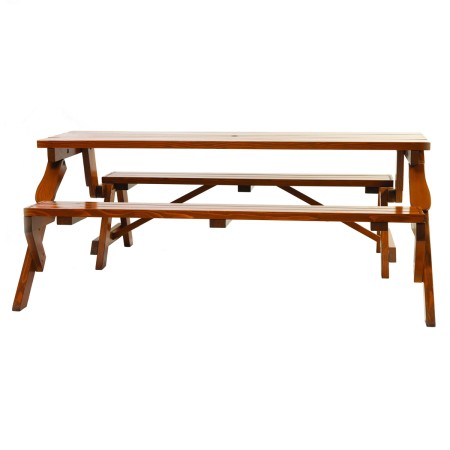Set SALZBURG MARE 3+3 persoane din lemn masiv de rasinos 195x150 cm pentru gradina sau terasa o masa si doua banci culoare maro [1]