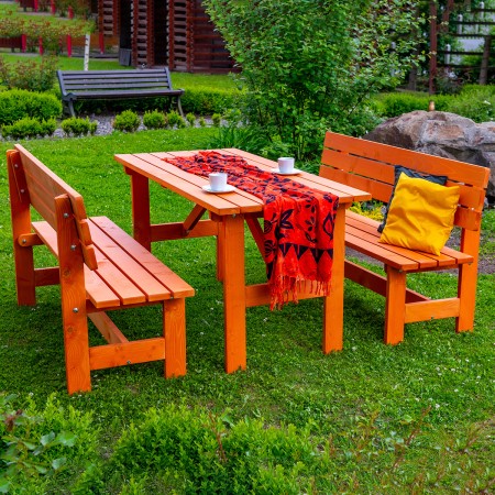WIESBADEN set made of solid resinous wood 180x60 cm for garden or terrace a table and two benches cherry color [4]