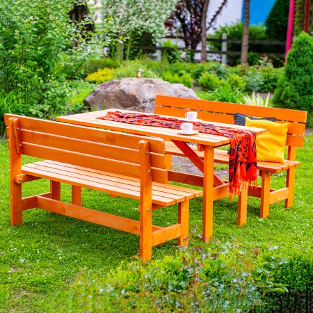 WIESBADEN set made of solid resinous wood 180x60 cm for garden or terrace a table and two benches cherry color [3]