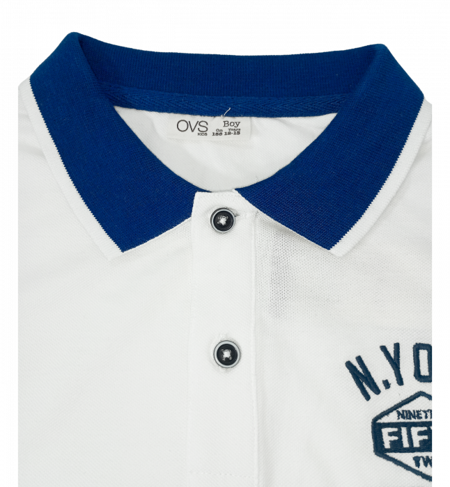 Bluza baieti, OVS, cu guler polo, imprimeu text, Bumbac, Alb, 158 CM, 12-13 ani [6]