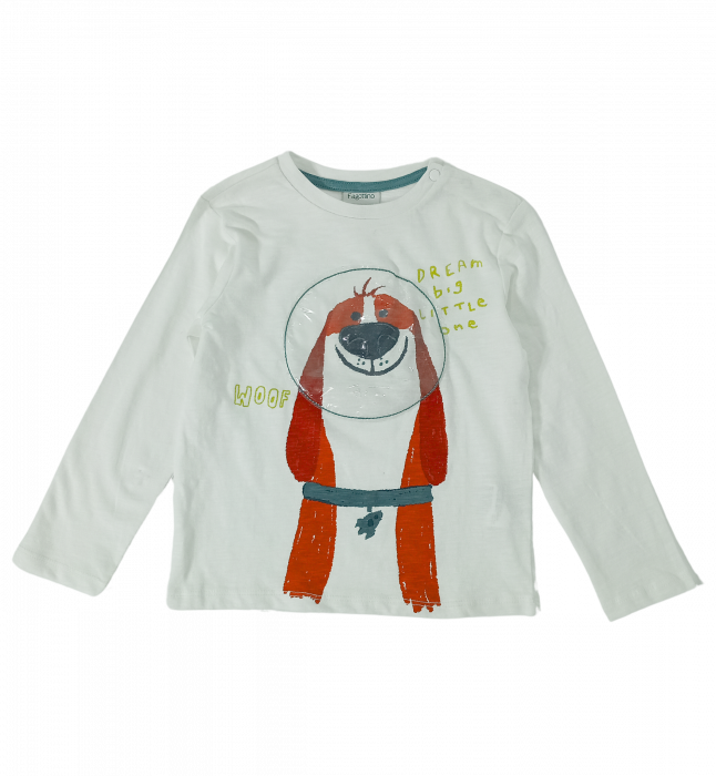 Bluza cu maneca lunga baieti, OVS, imprimeu catel astronaut, Bumbac, Alb, 92 cm, 2-3 ani [1]
