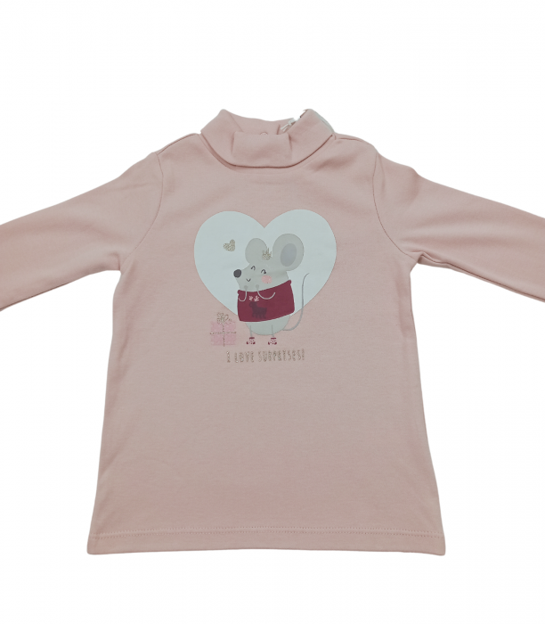 Bluza copii, OVS, cu guler inalt, imprimeu animal, bumbac, Roz pudrat, 80 cm, 12-18 cm [2]