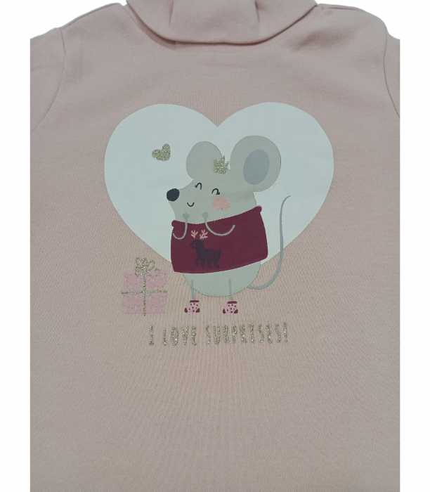 Bluza copii, OVS, cu guler inalt, imprimeu animal, bumbac, Roz pudrat, 80 cm, 12-18 cm [3]
