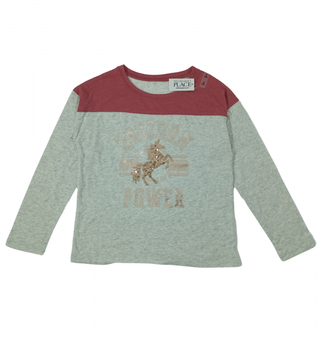 Bluza fete maneca lunga, The Children's PLACE, Unicorn power, Bumbac si poliester, 7-8 ani, M, [1]