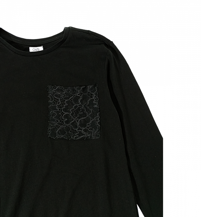 Bluza fete OVS - Buzunar cu Dantelă și Fundă, Bumbac Organic 100%, Negru, 158 cm [2]