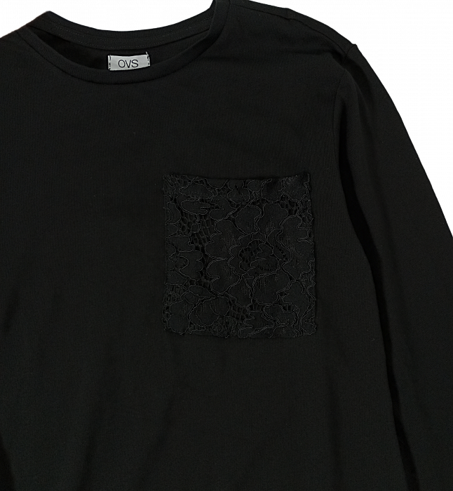 Bluza fete OVS - Buzunar cu Dantelă și Fundă, Bumbac Organic 100%, Negru, 158 cm [3]