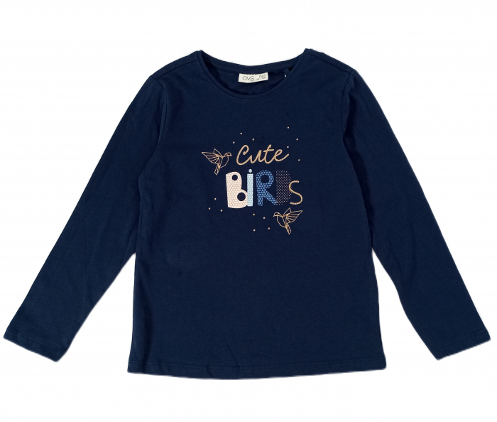 Bluza fete, OVS, Cute birds, Bumbac organic, Albastru inchis, 110 CM, 4-5 ani [1]