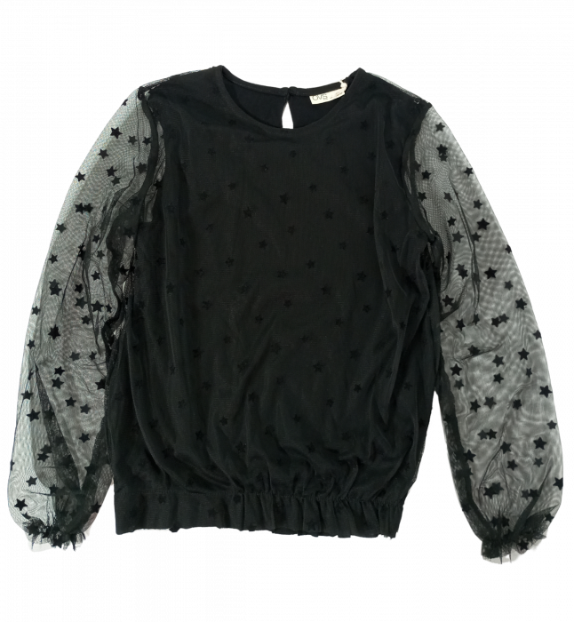 Bluza fete OVS - Dantelă cu Stele Brodate, Mâneci Translucide, Decupaj Posterior, Negru, 146 cm, 10-11 ani [1]