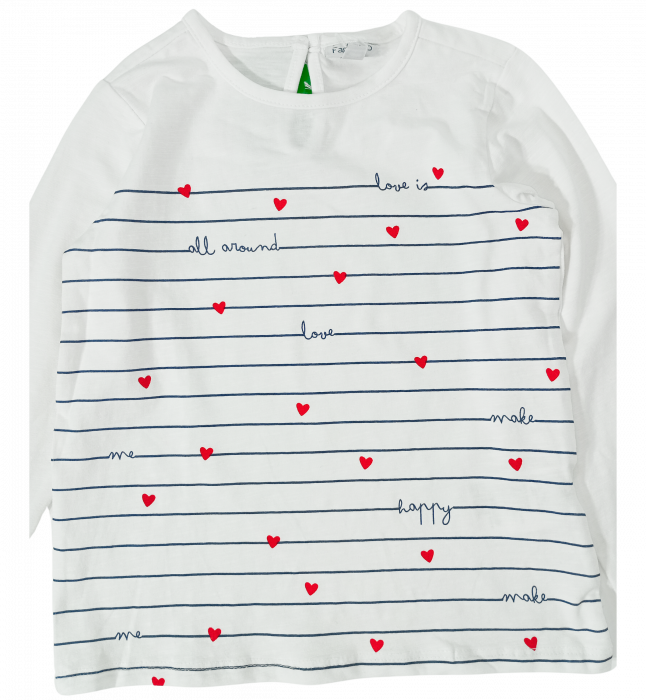 Bluza fete, OVS, imprimeu grafic cu dungi si inimioare, Bumbac organic, Alb, 92 CM, 2-3 ani [2]