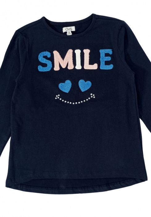 Bluza fete, OVS, SMILE, Bumbac si elastan, Albastru inchis, 128 CM, 7-8 ani [2]