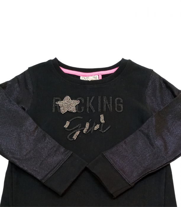 Bluza lunga fete,OVS, text brodat cu margele, bumbac BIO, Negru,104 cm, 3-4 ani [2]
