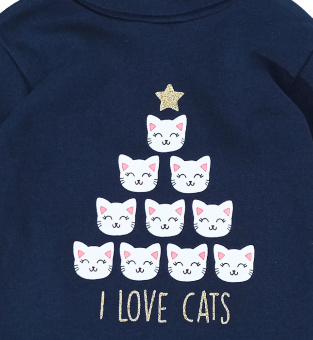 Bluza pe gat fete, OVS, I love cats, Albastru inchis, bumbac organic, 98 cm, 2-3 ani [3]