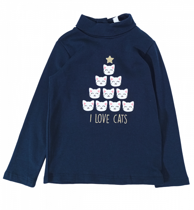 Bluza pe gat fete, OVS, I love cats, Albastru inchis, bumbac organic, 92 cm, 2-3 ani [1]