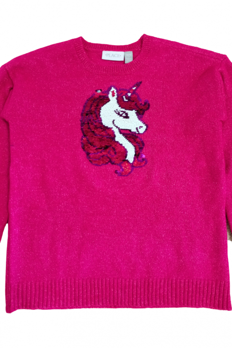 Bluza pentru fete, The Children's PLACE, unicorn cu paiete, tricotat, Poliester, Fucsia, 140-152 cm, 11-12 ani [4]