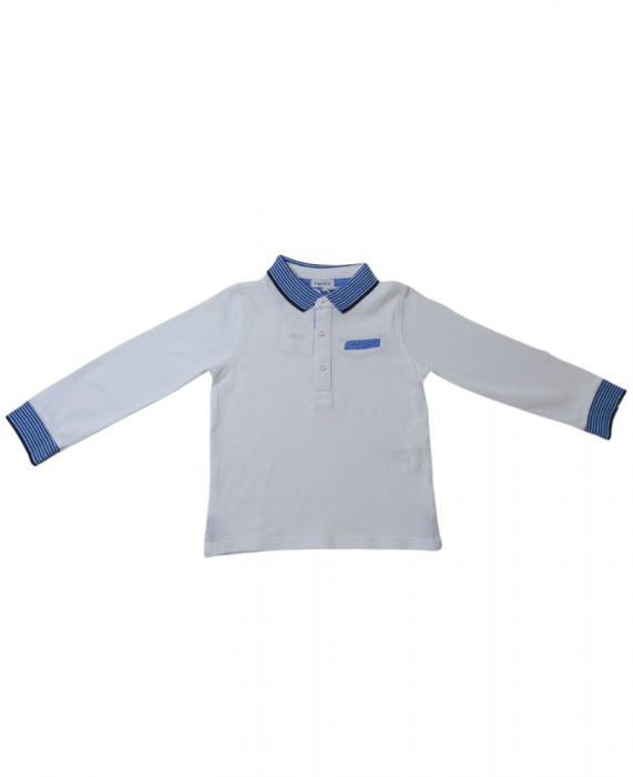Bluza polo baieti, OVS, guler cu dungi, bumbac organic, alb, 86 cm, 18-24 luni [1]