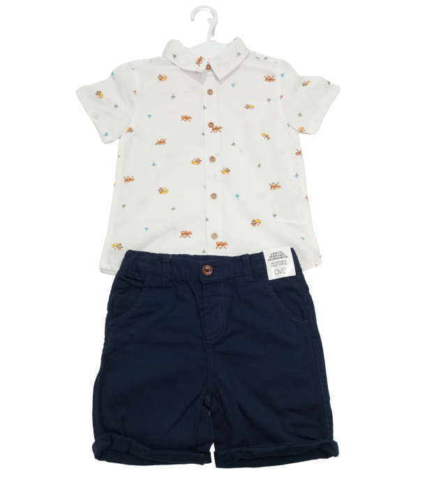Compleu 2 piese copii, OVS, camasa si pantaloni scurti, bumbac/lanolina, Alb & Bleumarin, 98 CM, 2-3 ani [2]