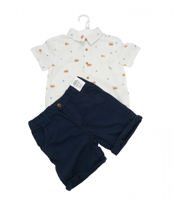 Compleu 2 piese copii, OVS, camasa si pantaloni scurti, bumbac/lanolina, Alb & Bleumarin, 98 CM, 2-3 ani [3]