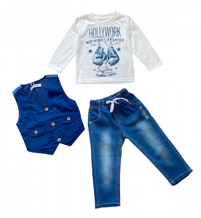 Compleu elegant băieți 3 piese - Vesta, Bluza și Pantaloni Denim [7]