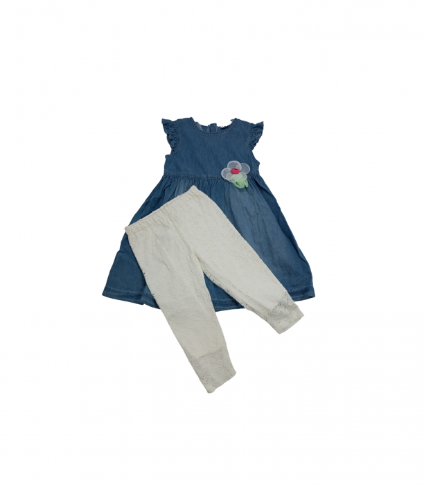 Compleu fete, OVS, rochie blugi si pantaloni cu dantela, Bumbac/Poliamida, Albastru cu alb, 92 CM, 2-3 ani [1]