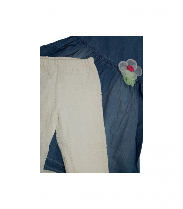 Compleu fete, OVS, rochie blugi si pantaloni cu dantela, Bumbac/Poliamida, Albastru cu alb, 92 CM, 2-3 ani [3]