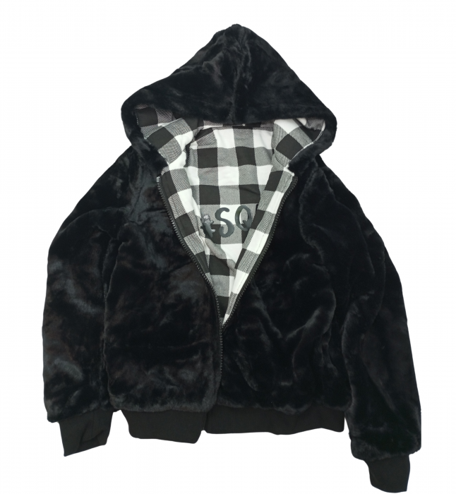 Geaca cu 2 fete cu gluga, OVS, blana sintetica neagra si carouri, Negru/Alb, 146 CM, 10-11 ani [4]