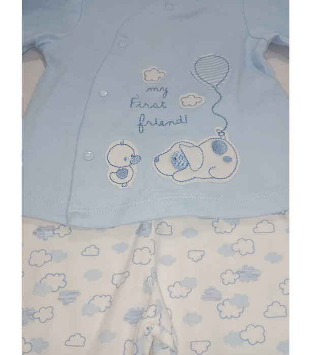 Pijama lunga copii, OVS, catel si pasare brodate, Bumbac, Albastru deschis, 62 CM, 3-6 luni [2]