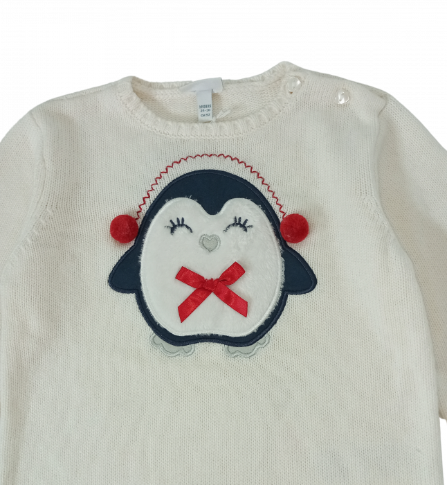 Pulover tricotat fete OVS - Broderie și Aplicații Pinguin, Nasturi pe Umăr, Bumbac, Poliamidă și Lână, Alb, 92 cm [3]