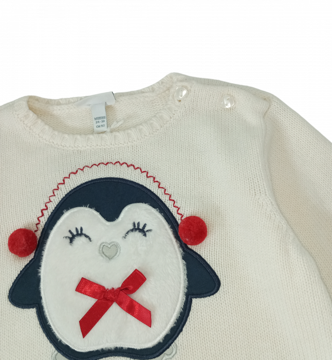 Pulover tricotat fete OVS - Broderie și Aplicații Pinguin, Nasturi pe Umăr, Bumbac, Poliamidă și Lână, Alb, 92 cm [2]