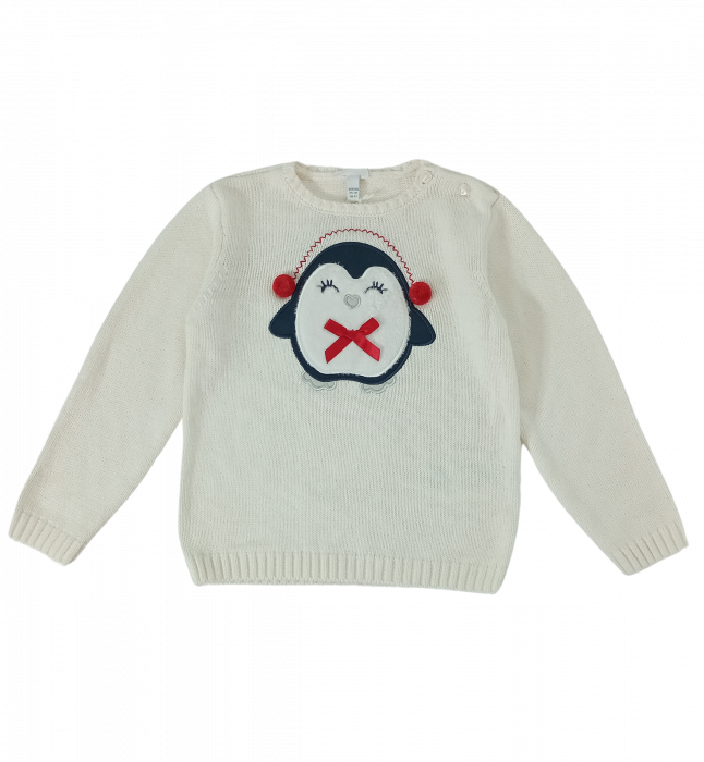 Pulover tricotat fete OVS - Broderie și Aplicații Pinguin, Nasturi pe Umăr, Bumbac, Poliamidă și Lână, Alb, 92 cm [1]