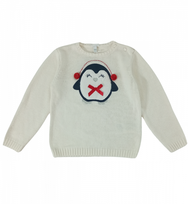 Pulover tricotat fete OVS - Broderie și Aplicații Pinguin, Nasturi pe Umăr, Bumbac, Poliamidă și Lână, Alb, 92 cm [4]