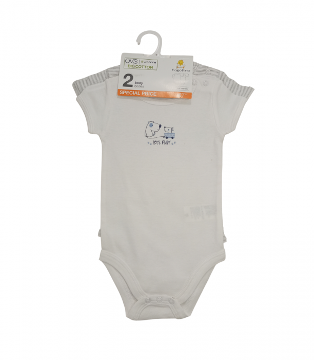Set 2 body-uri copii, OVS, imprimeu grafic si in dungi, Bumbac organic, Alb & Gri, 62 CM, 3-6 luni [1]