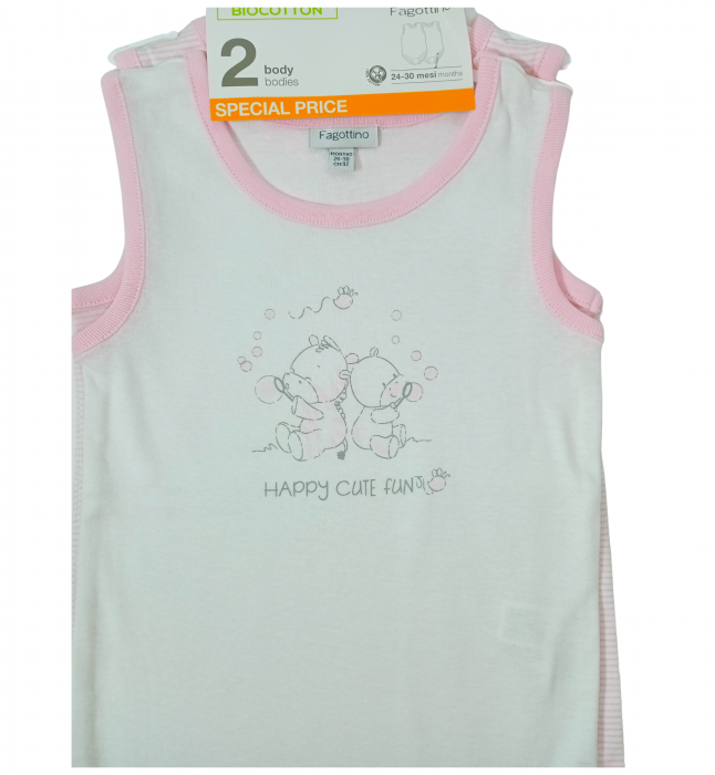 Set 2 body-uri fete, OVS, fara maneca, Happy cute fun, Bumbac organic, 2-3 ani, [3]