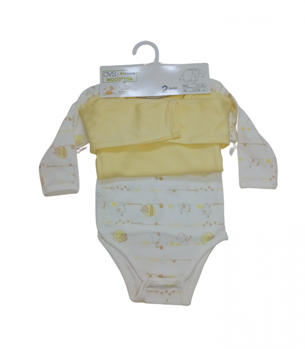 Set 2 body-uri nou-nascuti, OVS, imprimeu grafic, Bumbac organic, Galben & Alb, 50 CM, 1 luna [5]