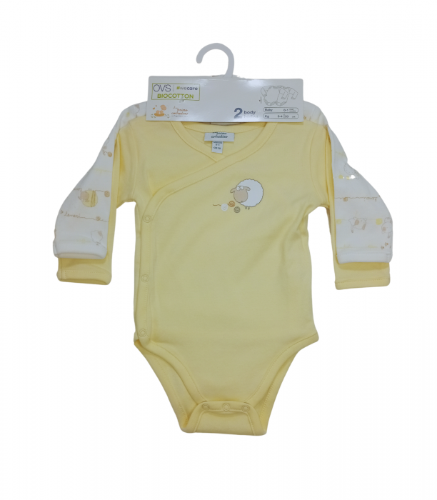 Set 2 body-uri nou-nascuti, OVS, imprimeu grafic, Bumbac organic, Galben & Alb, 50 CM, 1 luna [4]