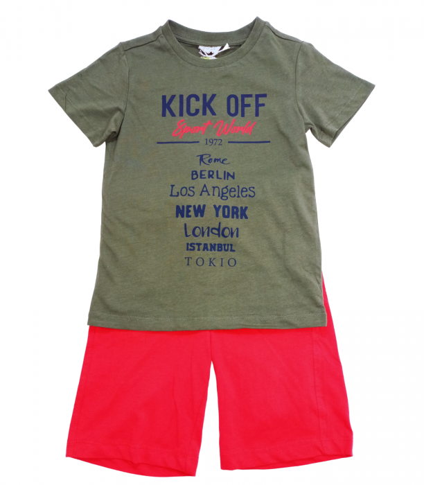 Set 2 piese copii, OVS, pantaloni scurti si tricou, Bumbac organic, Kaki & Rosu, 110 CM, 4-5 ani [3]