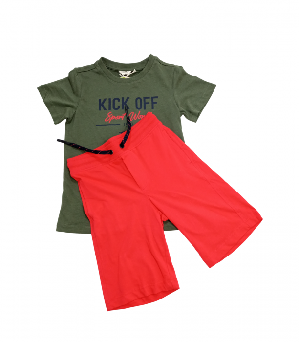 Set 2 piese copii, OVS, pantaloni scurti si tricou, Bumbac organic, Kaki & Rosu, 110 CM, 4-5 ani [2]