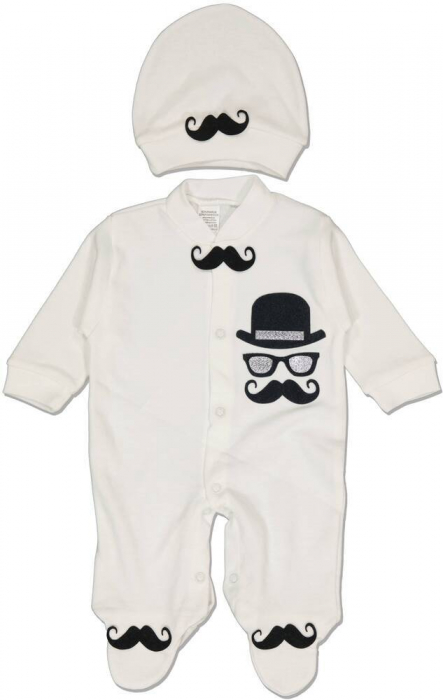 Set 2 piese baieti, Moustache, bumbac/poliester, Alb, 68 CM, 9 luni [1]