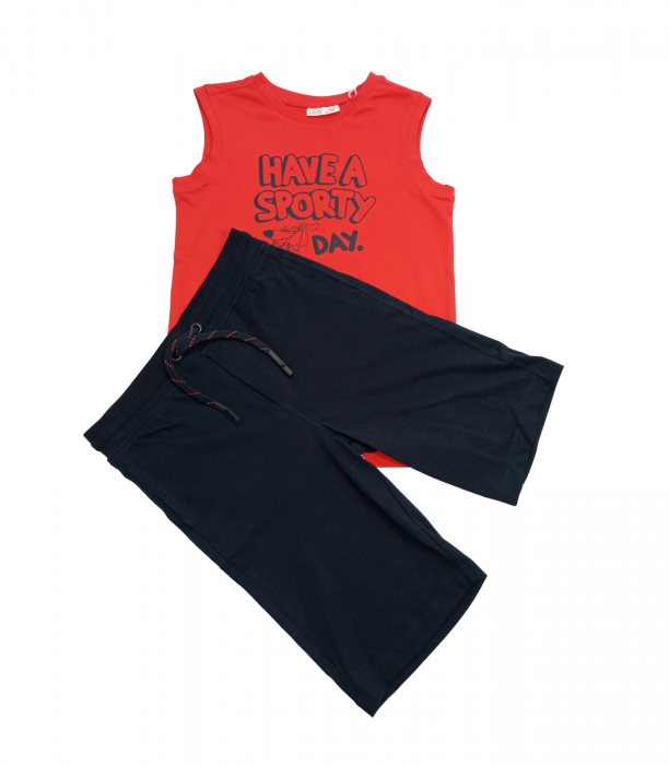 Set 2 piese sport baieti, OVS, pantaloni scurti si maiou, Bumbac organic, Rosu & Albastru, 116 CM, 5-6 ani [2]