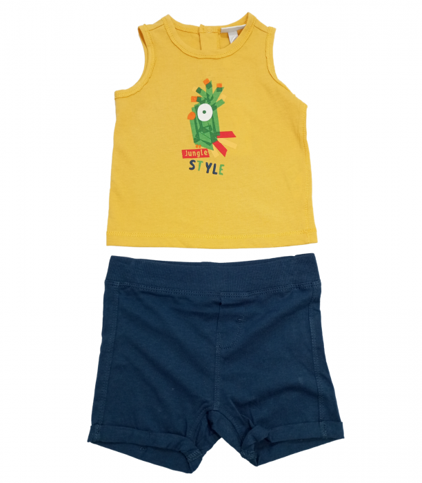 Set 2 piese sport baieti, OVS, pantaloni scurti si maiou, imprimeu grafic, Bumbac , Galben & Albastru, 62 CM, 3-6 luni [1]